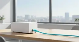 A white server box on a bright wooden desk with a turquoise network cable running toward a large office window