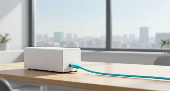 A white server box on a bright wooden desk with a turquoise network cable running toward a large office window