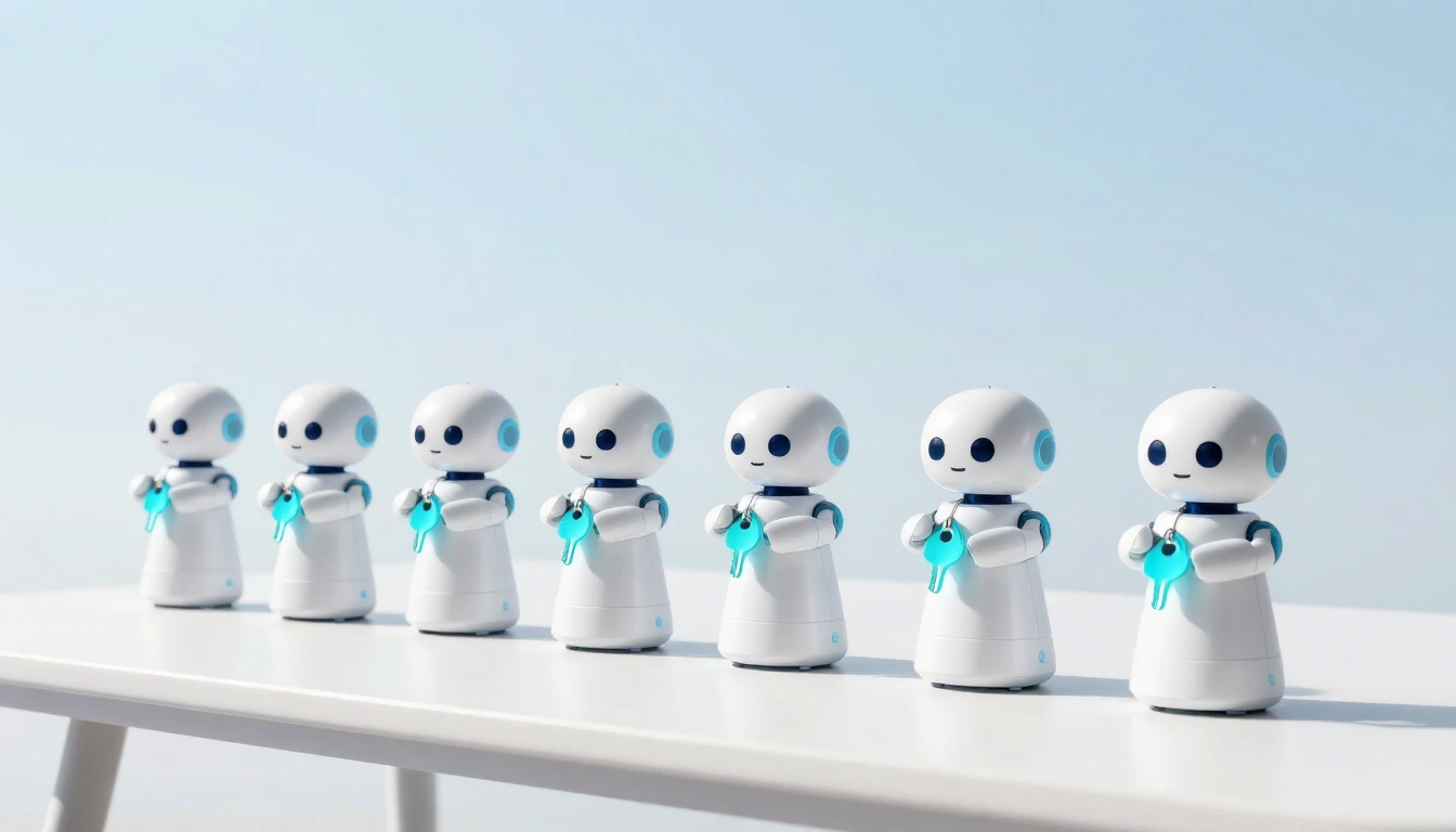 A row of small white robots on a long white table, each holding its own small glowing turquoise key