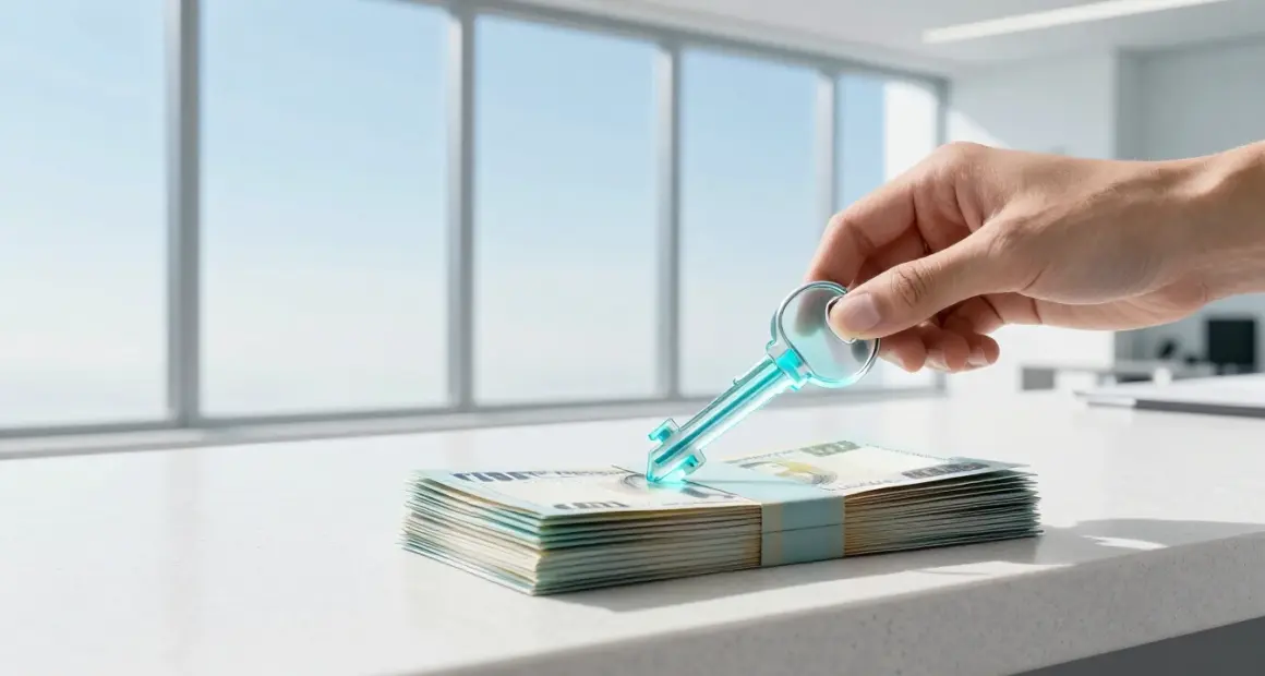 A hand slides a translucent glass key with a glowing turquoise core onto a neat stack of banknotes on a white stone counter, with tall windows and blue sky behind