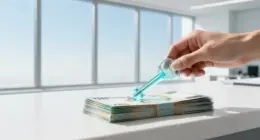 A hand slides a translucent glass key with a glowing turquoise core onto a neat stack of banknotes on a white stone counter, with tall windows and blue sky behind