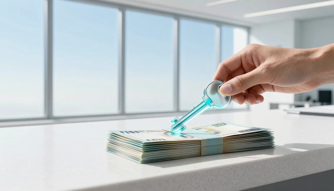 A hand slides a translucent glass key with a glowing turquoise core onto a neat stack of banknotes on a white stone counter, with tall windows and blue sky behind