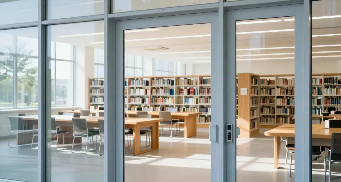 A bright public library reading hall with bookshelves and tables, seen through a closed glass door with a keypad lock