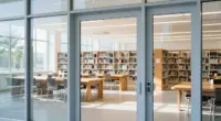 A bright public library reading hall with bookshelves and tables, seen through a closed glass door with a keypad lock