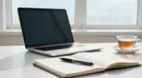 A laptop pushed to the back of a bright wooden desk, with an open blank notebook, a fountain pen and a cup of tea in the foreground