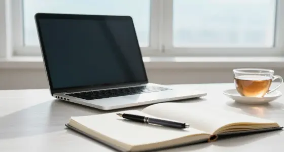 A laptop pushed to the back of a bright wooden desk, with an open blank notebook, a fountain pen and a cup of tea in the foreground