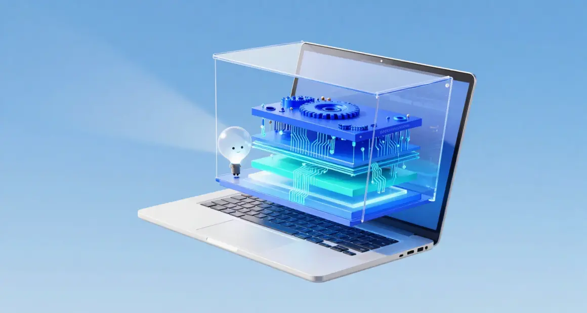 A white laptop with its screen opened up like a glass box, revealing layered blue circuit boards and gears, examined by a small glowing light probe