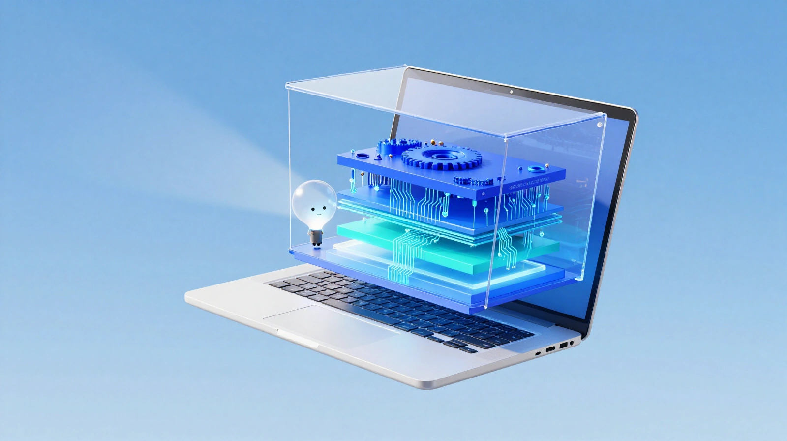 A white laptop with its screen opened up like a glass box, revealing layered blue circuit boards and gears, examined by a small glowing light probe