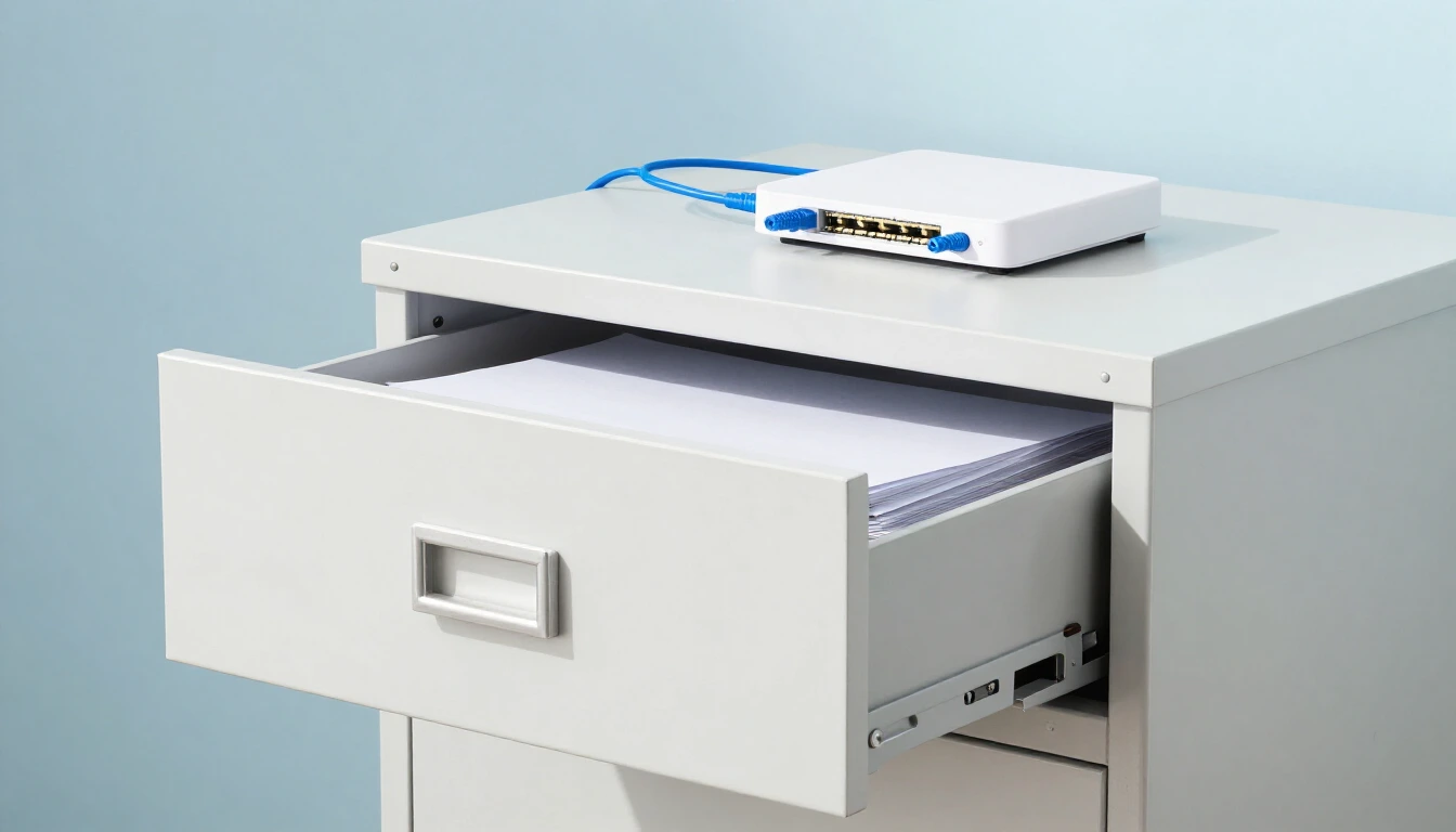 An open filing cabinet drawer full of blank folders with a small network appliance standing on top