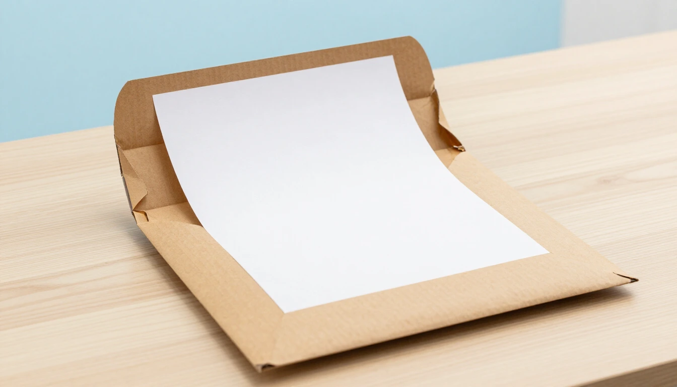 An opened plain cardboard shipping envelope with a blank white sheet of paper sliding out