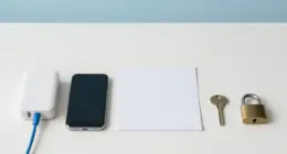 A bright white desk with a small network appliance, a smartphone, a blank sheet of paper, a brass key and a padlock laid out in a row