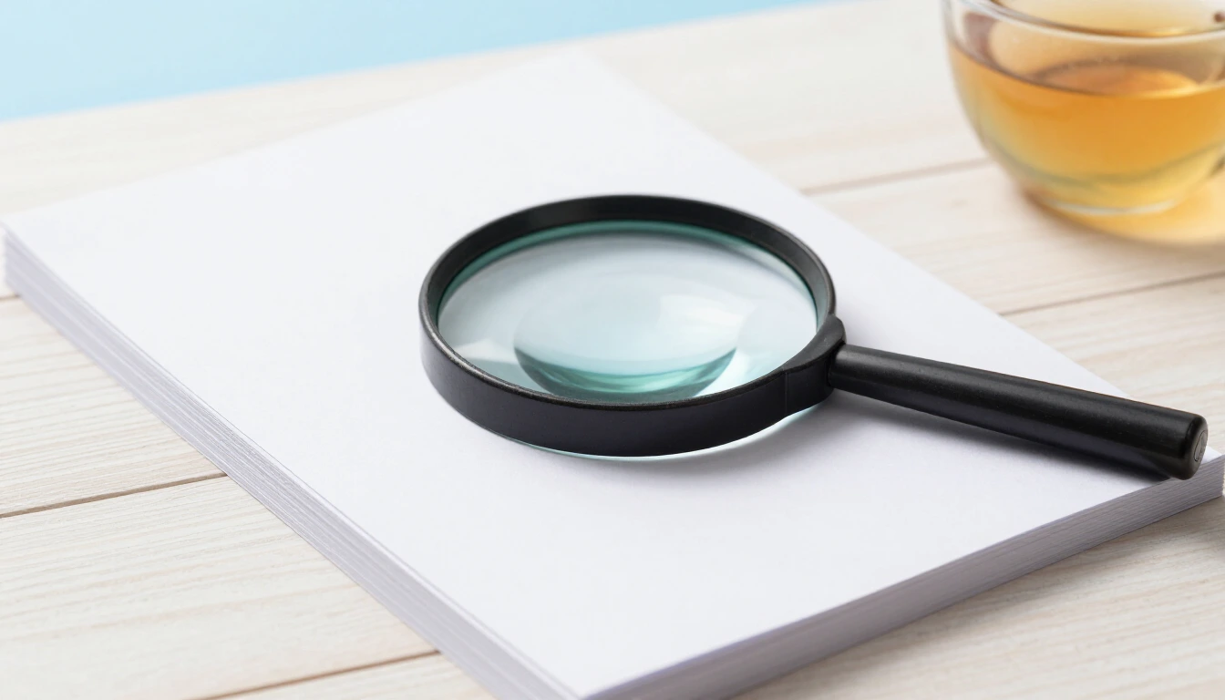 A large magnifying glass resting on a stack of blank white paper on a pale wooden desk, a cup of tea nearby