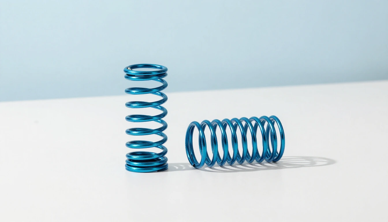 A tightly compressed blue coil spring standing next to a relaxed open coil spring on a white table