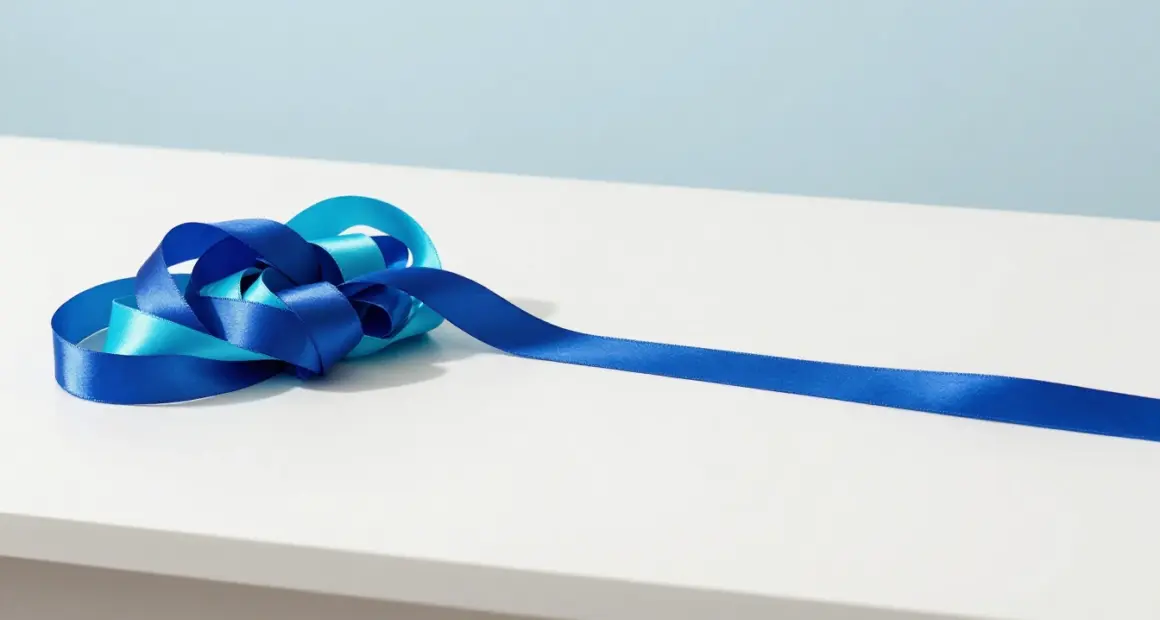A tangled knot of cobalt and turquoise ribbon on a white desk, with the same ribbon running out into one smooth straight line