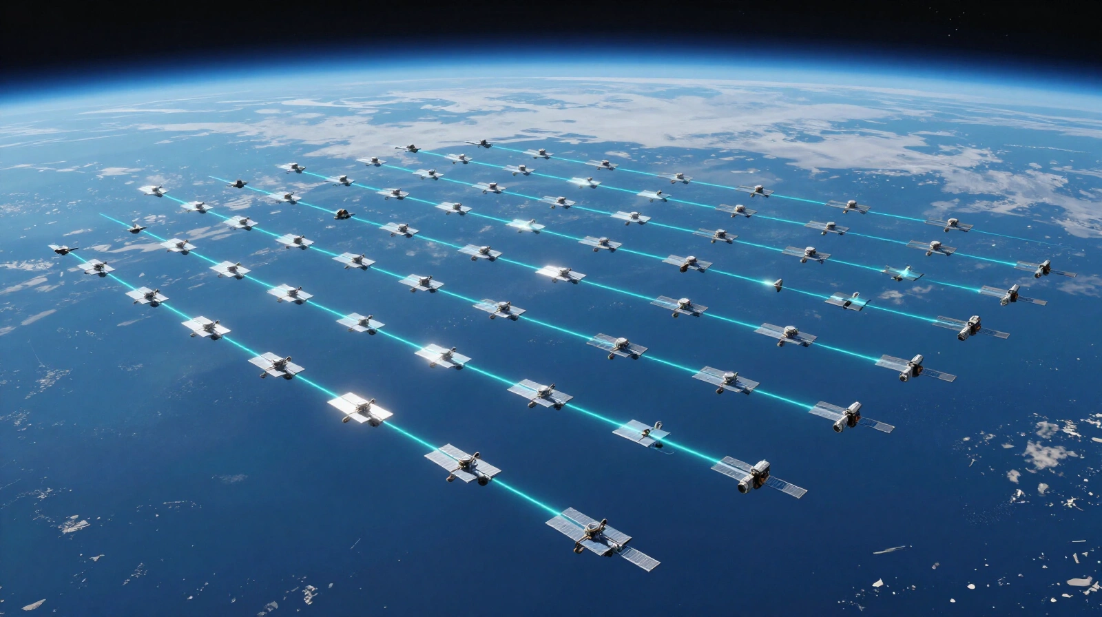 Rows of small silver satellites above the curved blue Earth, linked by thin turquoise beams of light