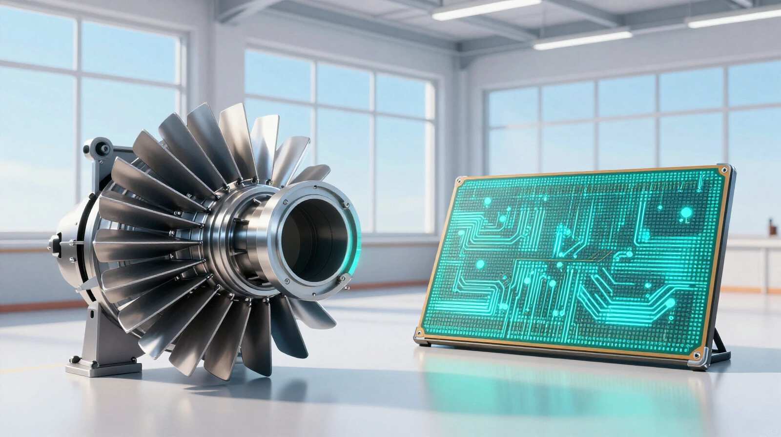Polished turbine blades on the left and a glowing silicon wafer with circuit patterns on the right in a bright factory hall