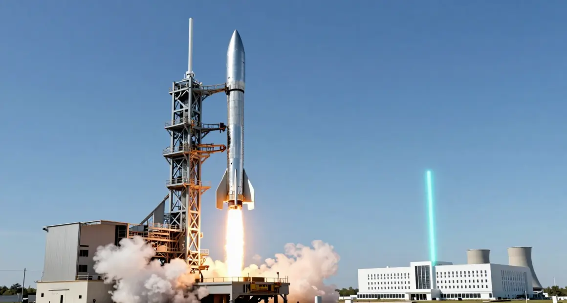 A stainless steel rocket lifting off from a launch tower, with a white data center campus and cooling towers in the background and a turquoise beam of light rising from it