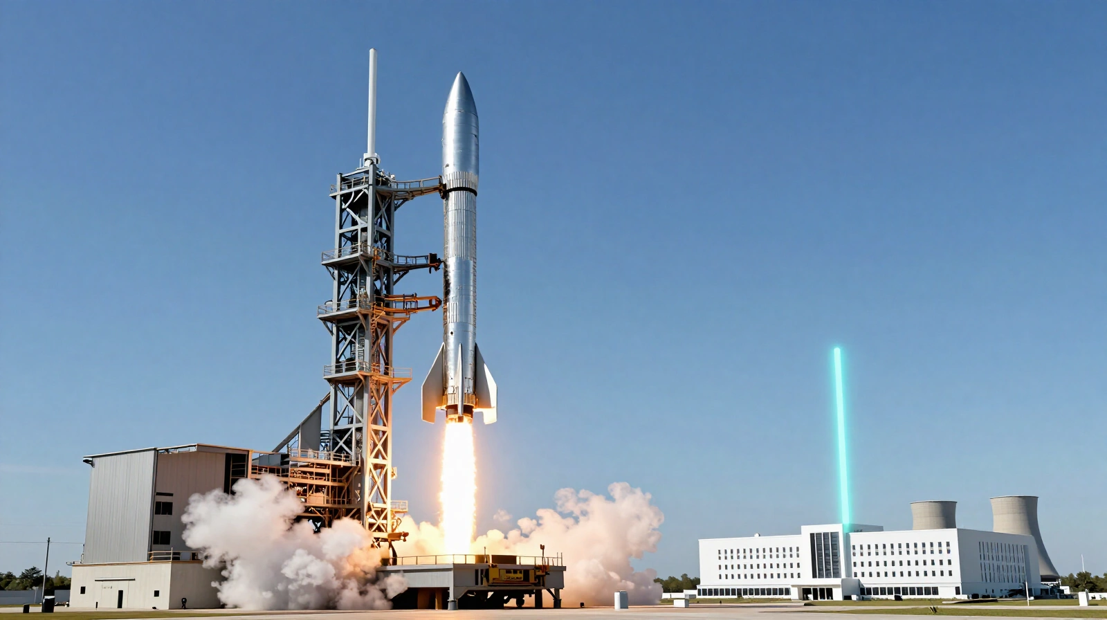 A stainless steel rocket lifting off from a launch tower, with a white data center campus and cooling towers in the background and a turquoise beam of light rising from it