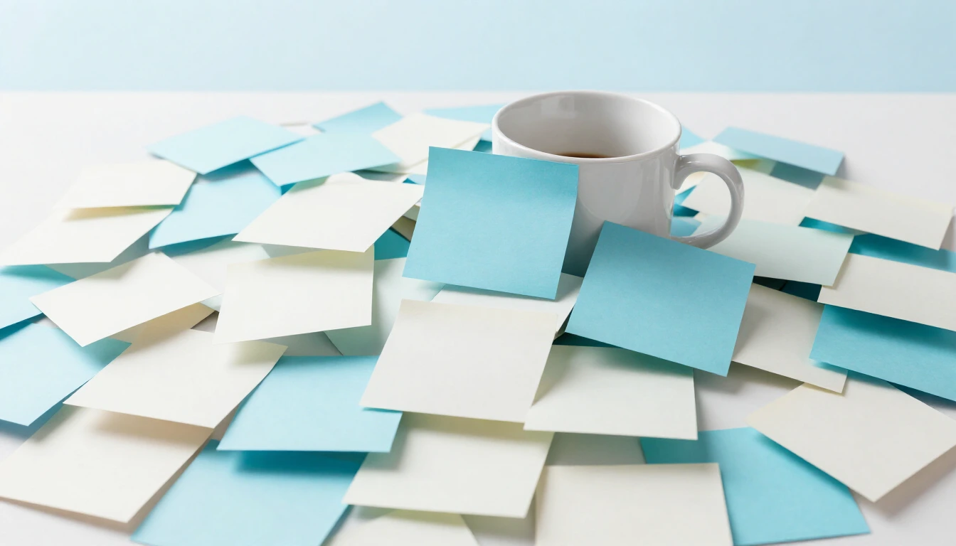 A desk covered in blank sticky notes in pale blue and white, with a coffee mug half buried under them