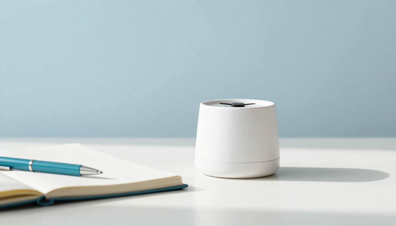 A plain white kitchen timer next to an open notebook and a pen on a clean desk in morning light