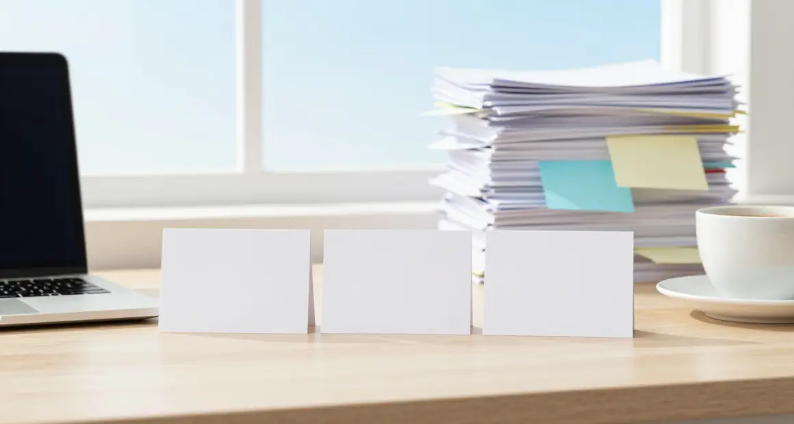 A tidy desk by a bright window with three blank white cards lined up next to a laptop and a coffee cup, a messy pile of paper slips and sticky notes in the background