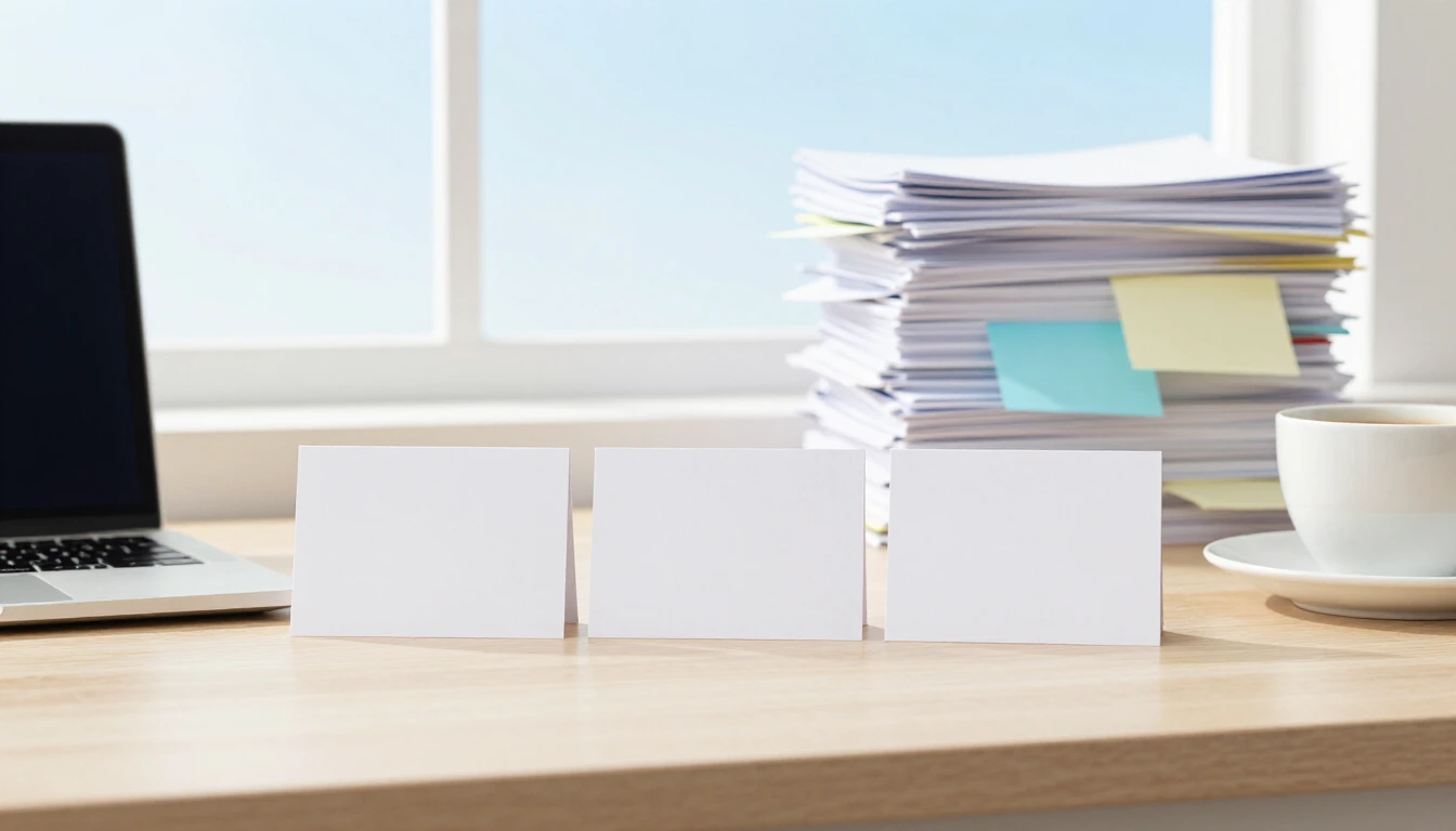A tidy desk by a bright window with three blank white cards lined up next to a laptop and a coffee cup, a messy pile of paper slips and sticky notes in the background