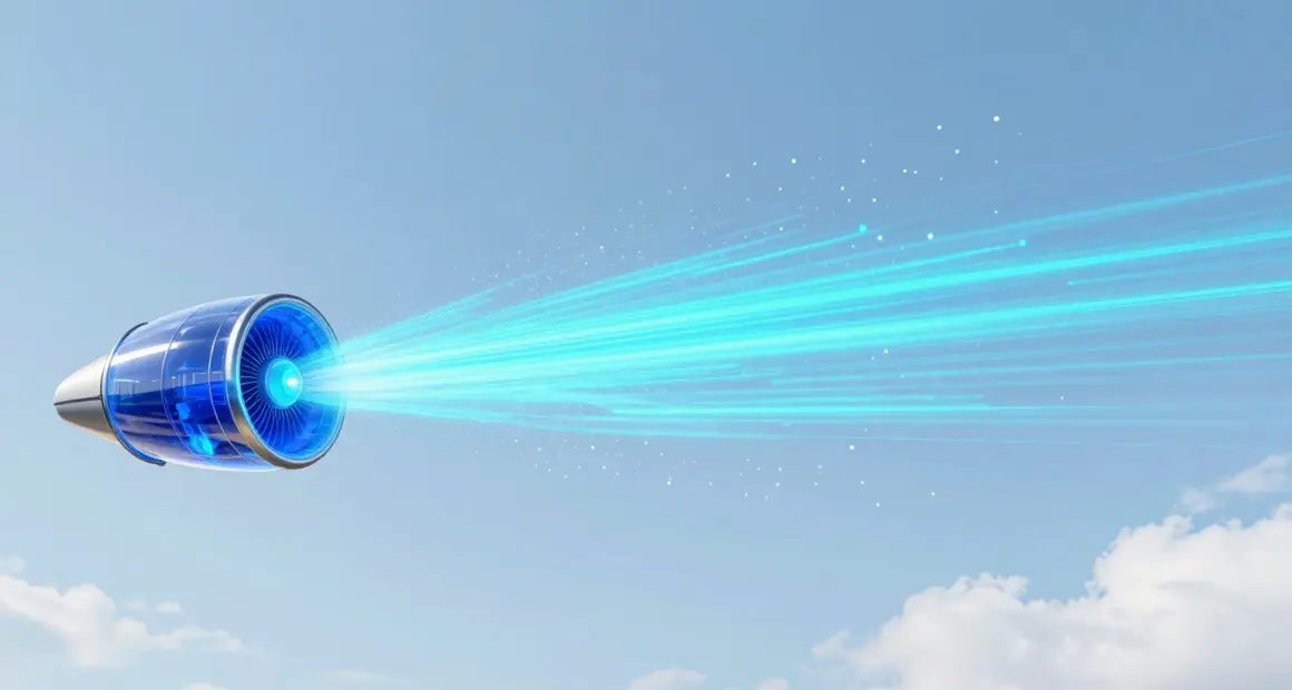 Translucent blue turbine engine in a bright sky, emitting fast streams of turquoise light