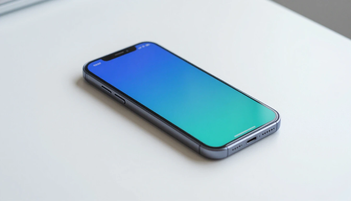 A smartphone lying on a bright white desk, its blank screen glowing in blue and turquoise