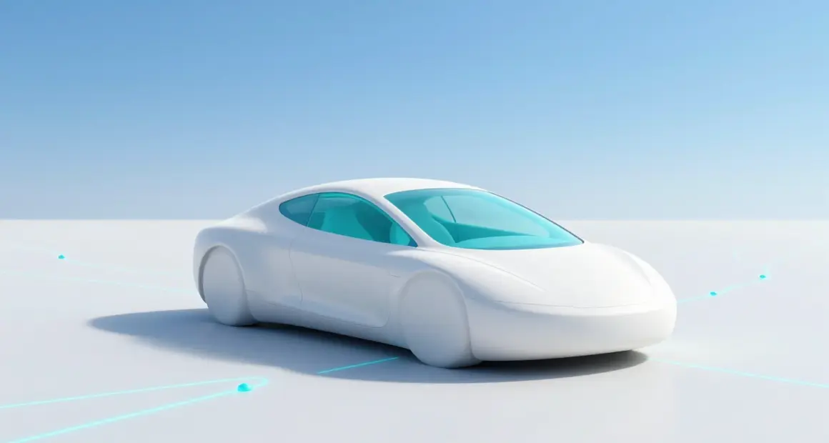 A smooth white conceptual two-seat car with an empty, softly glowing turquoise cockpit on a white plane etched with glowing route lines under a bright blue sky