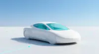 A smooth white conceptual two-seat car with an empty, softly glowing turquoise cockpit on a white plane etched with glowing route lines under a bright blue sky