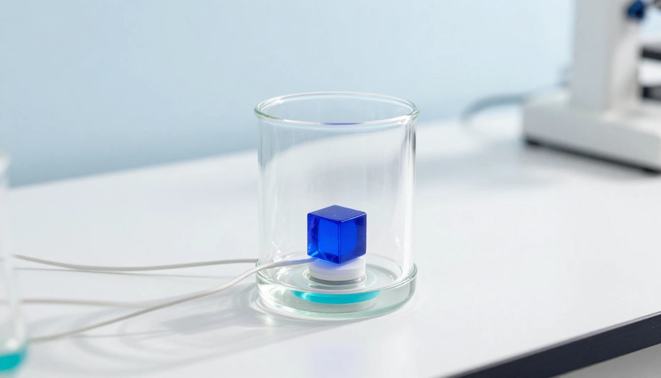 A small glass enclosure on a white lab bench with thin cables leading into it and a cobalt cube inside