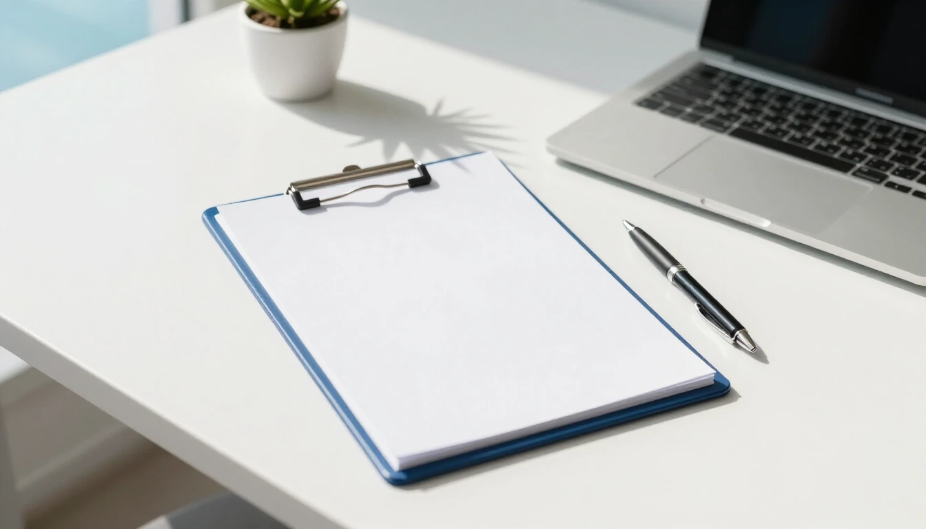 A tidy white desk seen from above with a blank clipboard, a pen, a laptop and a small plant