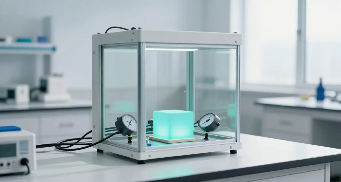 A sealed glass test chamber on a white laboratory bench with a softly glowing turquoise cube inside and two pressure gauges