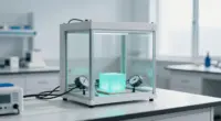 A sealed glass test chamber on a white laboratory bench with a softly glowing turquoise cube inside and two pressure gauges