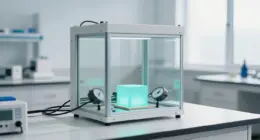 A sealed glass test chamber on a white laboratory bench with a softly glowing turquoise cube inside and two pressure gauges