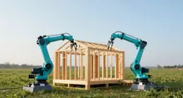 Two industrial robot arms assembling the timber frame of a small house on a green meadow at sunrise