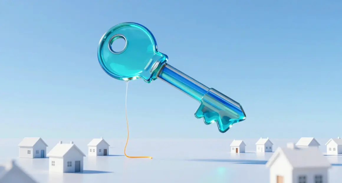 A translucent glass master key floating in a blue sky above small white houses, with one thin orange thread of light reaching down to the ground
