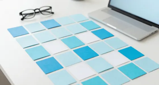 Top-down view of a white desk covered with a neat patchwork of small square paper cards in pale blue, white, cobalt and turquoise, with an open laptop and reading glasses at the edge