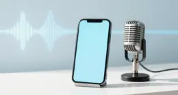 A smartphone with a blank pale blue screen on a stand next to a vintage silver studio microphone on a bright white desk, with a soft sound-wave shaped light on the wall behind