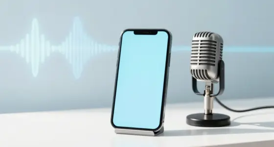 A smartphone with a blank pale blue screen on a stand next to a vintage silver studio microphone on a bright white desk, with a soft sound-wave shaped light on the wall behind