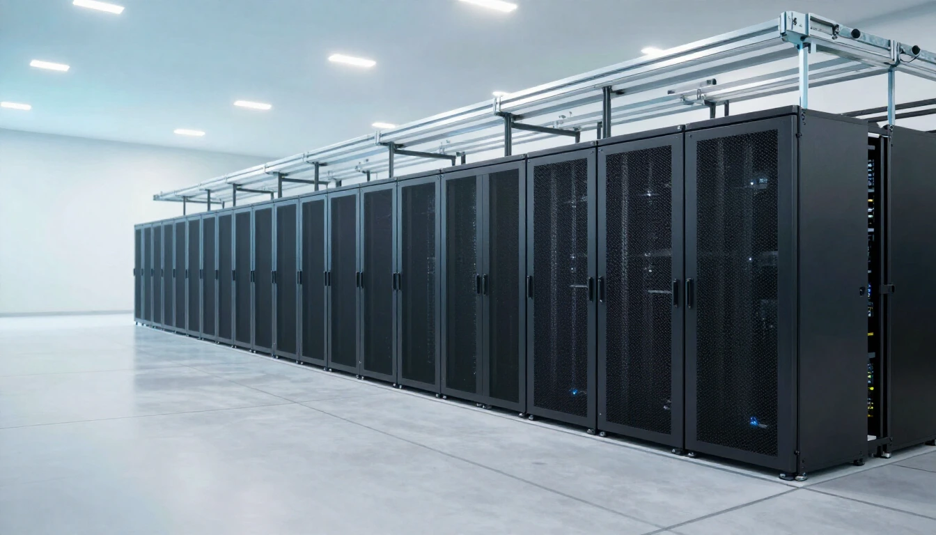 An unfinished data center hall with a concrete floor and long rows of empty server racks being installed