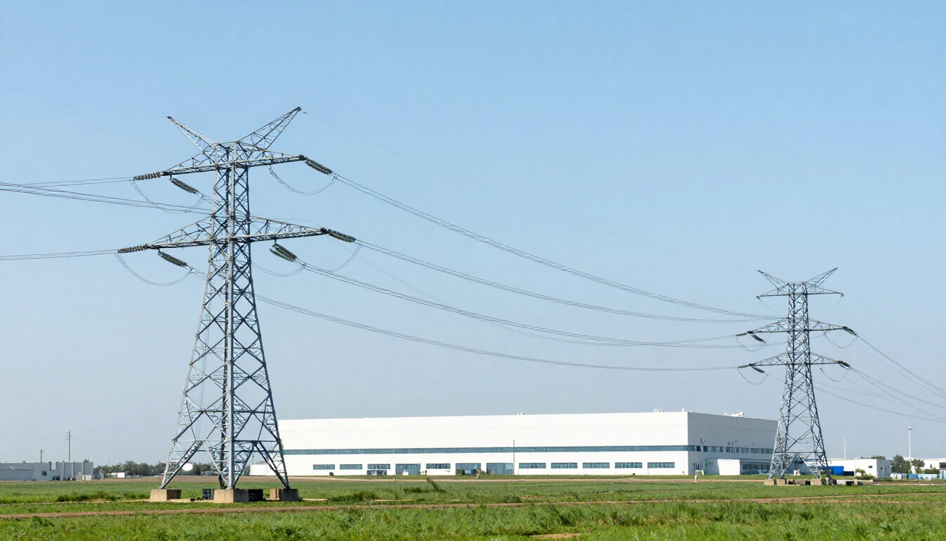 High-voltage power lines crossing green fields toward a large white data center building