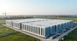 Aerial view of a large data center campus under construction with rows of long white halls and tower cranes in green fields