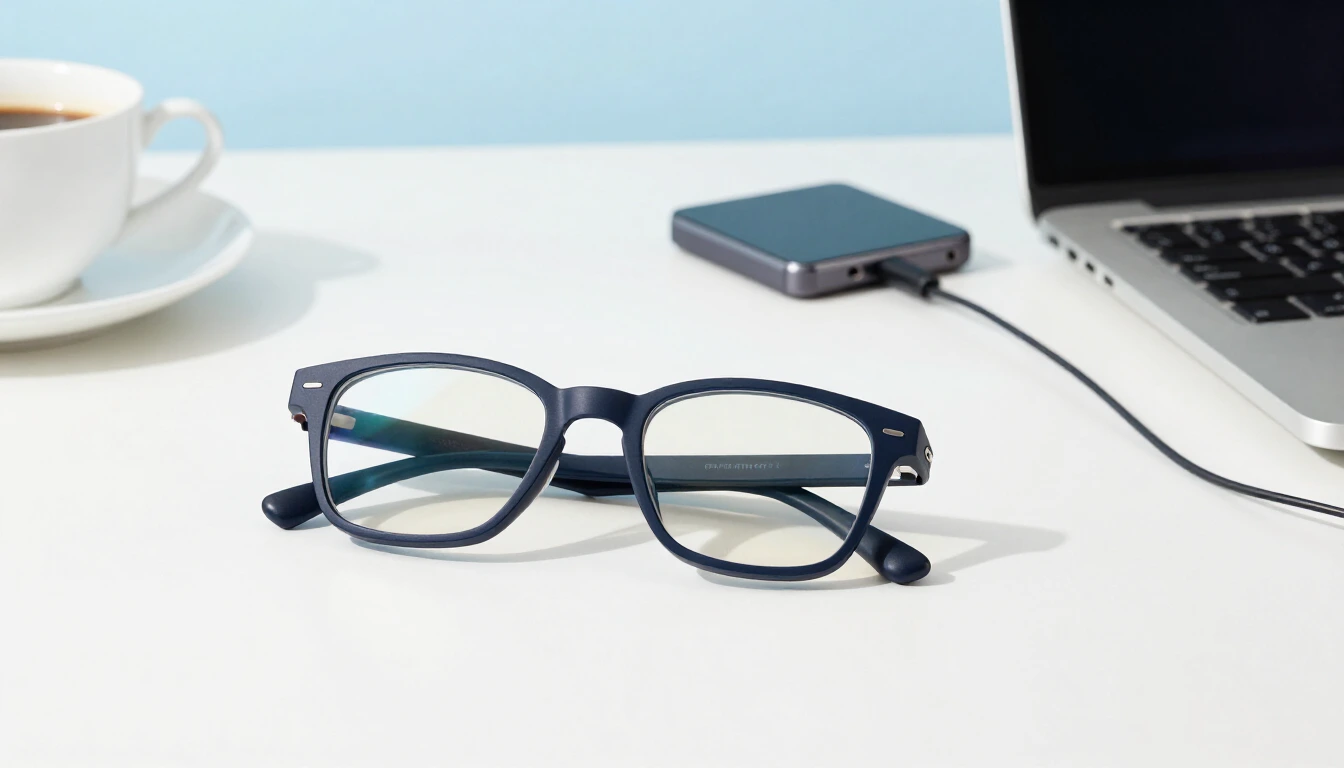 A pair of dark glasses on a bright white desk, a small dark puck-shaped device with a cable, a laptop and a coffee cup behind them